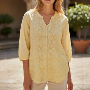 NWT Intro Women's S Yellow Embroidered Appliqued 3/4 Sleeve Pullover Blouse